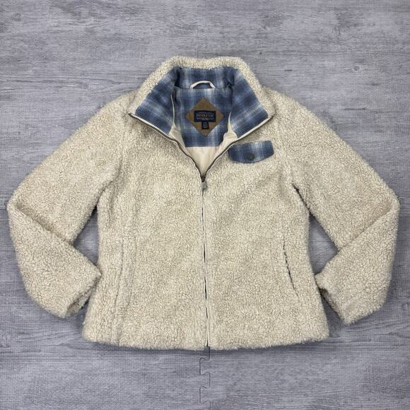 Pendleton Sherpa Fleece Wool Blend Jacket Women’s S Teddy Beige Plaid Contrast - Picture 1 of 13